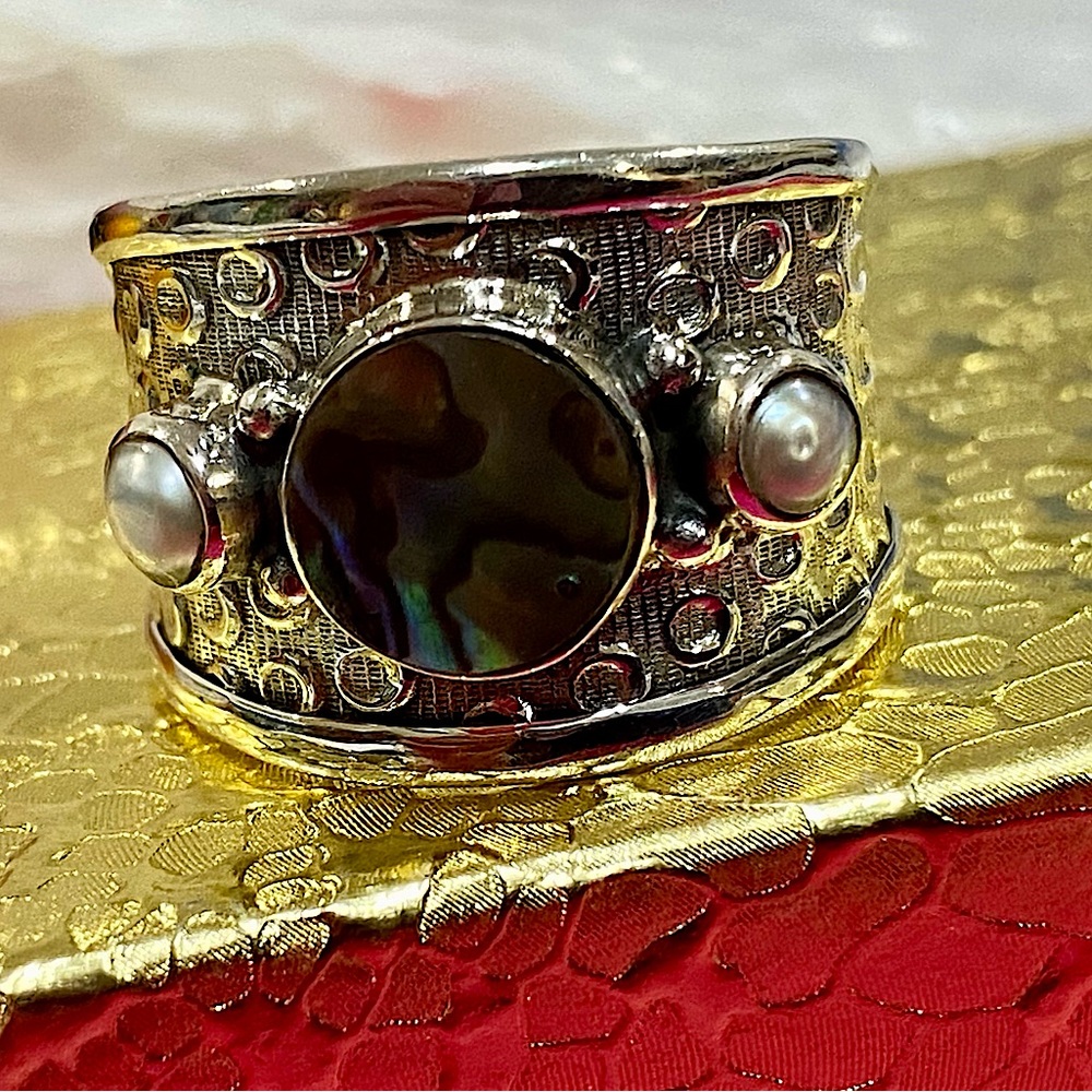 Ring 2 tones with pearls and abalone 925 sterling silver